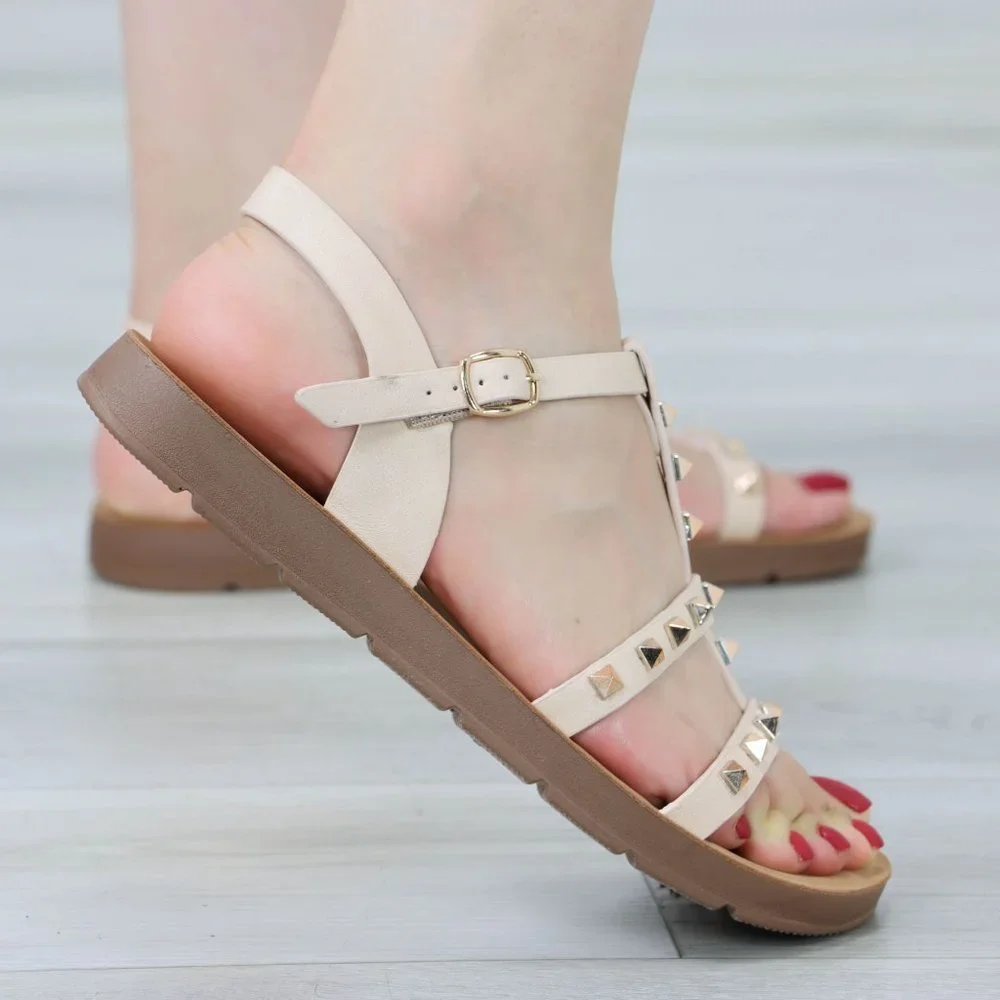 Nude Metal Stud Trendy Comfy Flat Gladiator Sandal Slip On Sliders - Picture 7 of 11